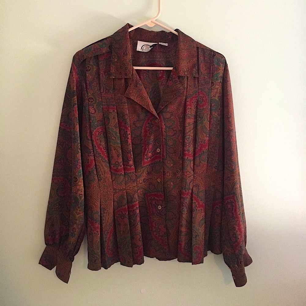 Vintage jewel toned paisley pleated blouse